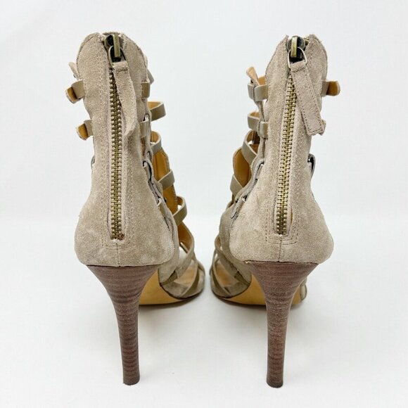 Levity Gladie Strappy Leather Stacked Heel Taupe Gladiator Tan Ankle Mule 8 - Picture 8 of 16